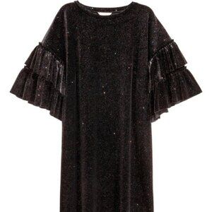 H&M Velour Black SPARKLE Ruffle Sleeve Party Dress XS